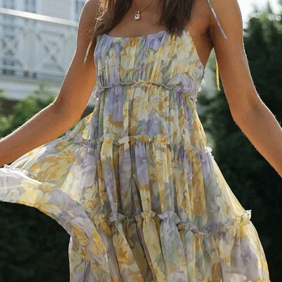 Yellow and Purple High Low Sundress with Ruched Bodice - Picture 3 of 5